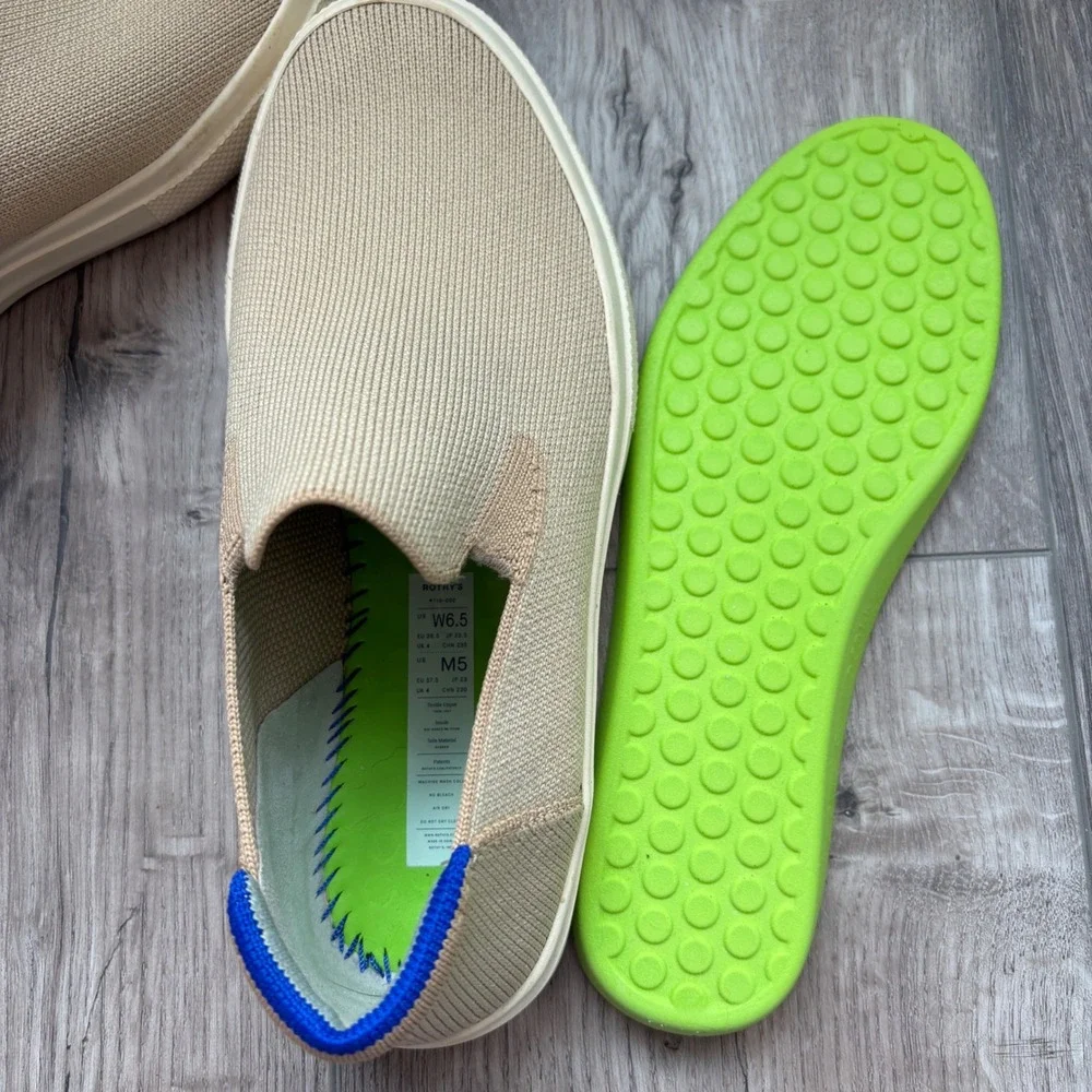 Rothy's The Sneaker Slip On Shoes Womens 6.5 Sand Beige Knit Blue Halo